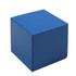 A blue stress shape cube with smooth edges and a matte finish, featuring a logo on one side.