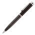 A metal ballpoint pen in black with silver stripe detailing and a sleek design, featuring a clip and a branding logo.