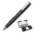 A black metal ballpoint pen with a curved design, presented in a black and silver gift box.