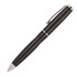 A black metal ballpoint pen with a curved design and a silver clip. Features a logo.