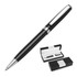 A black ballpoint pen with silver accents, presented in a sleek black and white gift box.