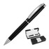 A black ballpoint pen with a textured design and silver accents, presented in a gift box.