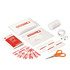 A waterproof first aid kit featuring red and white packaging, containing bandages, scissors, tape, and safety pins.