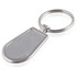 A silver keyring with a polished, brushed surface and a circular attachment. It has a simple, elegant design.
