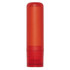A bright orange lip balm in a sleek, cylindrical container with a clear base.