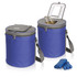 A round blue cooler bag with a grey lid, featuring an insulated interior and a shoulder strap. One bag is open with drinks inside.