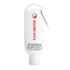 A white sunscreen bottle with a carabiner, featuring SPF 50+ and a branded logo, holding 60ml of product.