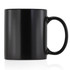 A ceramic mug in a solid black finish, featuring a handle and a smooth surface.