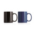 A set of two ceramic mugs in black and blue, each with a handle and a glossy finish.