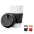 A ceramic travel mug in white with a black silicone sleeve and lid, featuring additional black and red mug options.