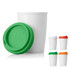 A ceramic travel mug in white, featuring a green lid. Includes assorted lid colours in orange and green. Branding present.