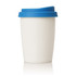A ceramic travel mug in white with a blue silicone lid, holding 270ml. It features a logo on the side.
