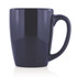 A ceramic mug in a deep navy colour, featuring a handle and a glossy finish.