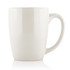 A ceramic mug in a glossy white finish with a curved handle, showcasing a simple design.