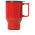 A drink bottle in vibrant red with a black lid and a sturdy handle, featuring a double wall design.