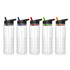 A drink bottle collection featuring five transparent Tritan bottles in black, blue, red, green, and orange. Each has a black cap and a logo.