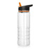 A drink bottle in clear Tritan plastic with a black and orange flip-top lid and a built-in straw.