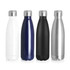 A drink bottle collection featuring white, navy blue, black, and stainless steel finishes, each with a silver cap and branding.