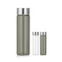 A drink bottle trio in grey and clear with silver metal caps, including a 500ml size. Features a logo.