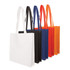 A collection of non-woven bags in white, black, blue, orange, and red, featuring long handles and a gusset design.