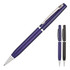 A ballpoint pen in purple and black, featuring a sleek design and silver accents, with a branded logo.