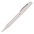 A metal ballpoint pen in a sleek silver finish, featuring a clip and a branded logo.