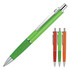 A ballpoint pen in vibrant green with a textured grip, accompanied by orange and red versions, each featuring a branding logo.