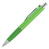 A green ballpoint pen with a silver clip and textured grip, featuring branding on the body.