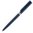A slim twist ballpoint pen in navy blue, featuring a silver band and a matching capped top, with a logo present.