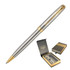A metal ballpoint pen in brushed stainless steel with gold accents, accompanied by a stylish gift box.