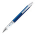 A blue metal gel ink pen with a silver clip and transparent grip, featuring a logo.