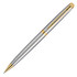 A mechanical pencil in brushed stainless steel with gold accents. Features a sleek design and a branding logo.