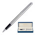 A brushed stainless steel rollerball pen with a dark grip, displayed in a blue box with a logo.