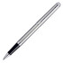 A brushed stainless steel rollerball pen with a black grip and a silver clip, featuring a logo.