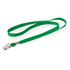 A green tubular lanyard with a silver clip, designed for holding items securely.