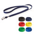 A navy tubular lanyard with a metal clip, alongside lanyards in black, red, yellow, green, and blue.