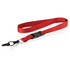 A red and white lanyard with a black clip and a black buckle, featuring a branding logo.