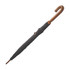 A black umbrella with a wooden handle and a hook design, featuring a logo on the fabric.