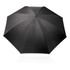 A black 75cm umbrella with a sleek, even canopy design. It features a central handle and has a branding logo.