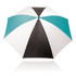 An umbrella featuring a 75cm canopy with black, white, and teal panels, and a central opening mechanism.
