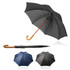 A 75cm black umbrella with a wooden handle, alongside a navy blue and grey umbrella, all featuring a logo.