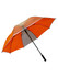 A large umbrella with a bright orange canopy and a transparent top, featuring a black handle and a logo.