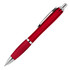 A red ballpoint pen with a transparent barrel and silver accents, featuring a clip for attachment.