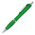 A transparent ballpoint pen in green with a silver clip and a rubber grip. It features a branding logo.