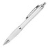 A transparent, ballpoint pen in white with chrome accents and a clip, featuring a polished design.