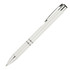 A white ballpoint pen with silver accents and a clip, featuring a sleek design. It has a branding logo.