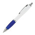 A plastic ballpoint pen in white with a blue grip and a silver clip, featuring a logo.