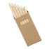 A pack of six half pencils in natural wood, featuring various colours on the tips, enclosed in a brown cardboard case.