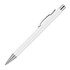 A white ballpoint pen with a silver clip and tip, featuring a simple, solid-colour design.
