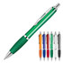 A green ballpoint pen with a silicone grip and metallic accents, displayed alongside pens in various colours.